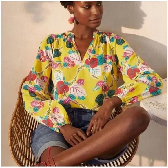 Boden Tops - Boden Yellow Tropical Leaf Floral Print Cotton V-Neck Blouse W0702 Womens 10